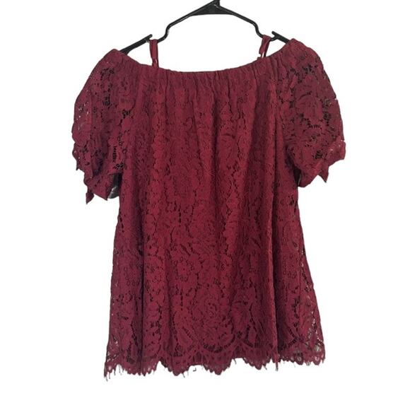 No Boundaries Maroon Lace Applique Eyelash Trim Short Sleeve Blouse Women Sz L - Picture 2 of 9
